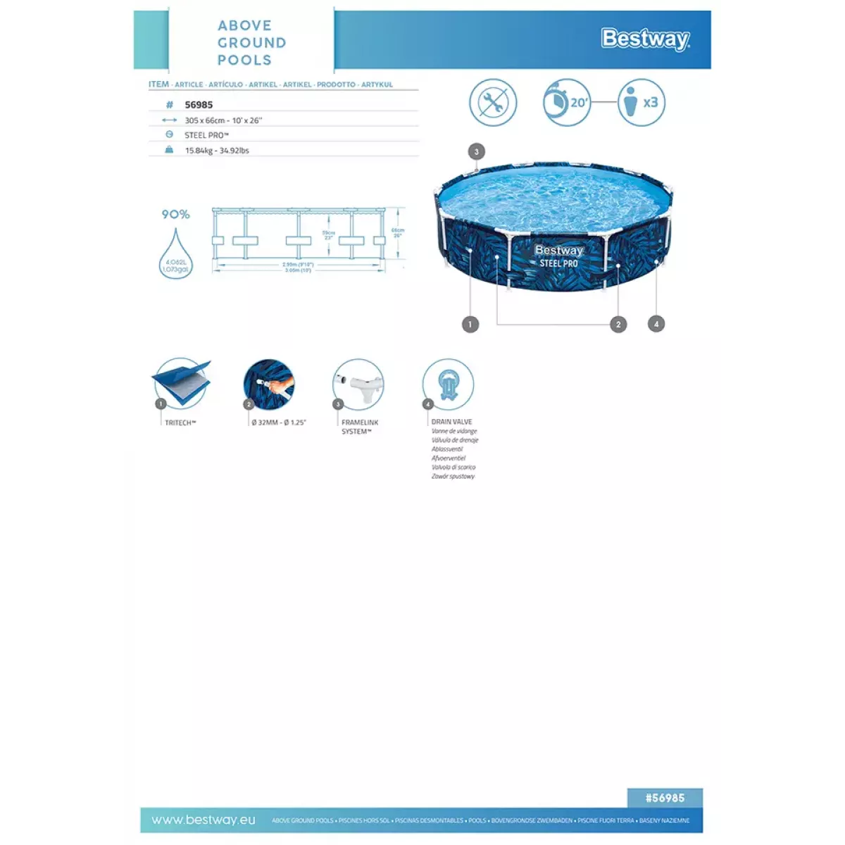 Бассейн каркасный 305x66 см круглый без фильтра-насоса BESTWAY 56985 Бассейн каркасный 305x66 см круглый без фильтра-насоса BESTWAY 56985